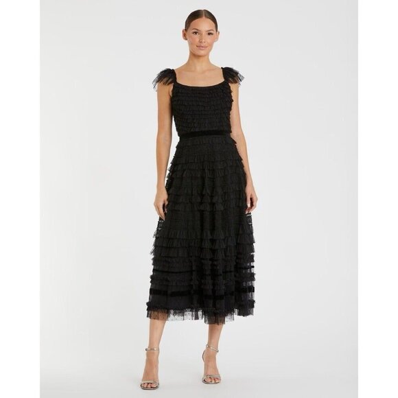 Mac Duggal Size 8 Black 8054 Ruffle Cap Sleeve Tiered Midi Cocktail Party Dress - Picture 1 of 10